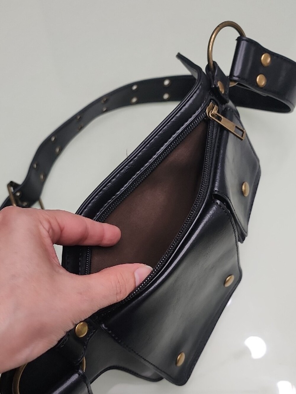 Black Leather Studded Belt Bag with Gold Accents - Picture 2 of 7